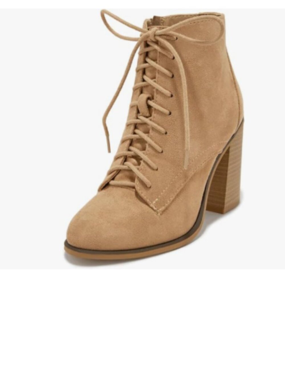 YDN Tan Ankle Boots Round Toe Lace Up Booties Block High Heels Side Zippers Shoe